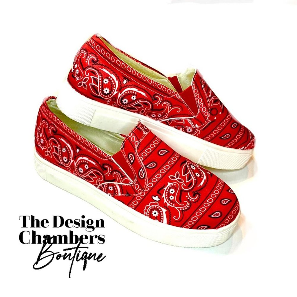 Size 6 Red Bandana Chunky Platform Slip Ons